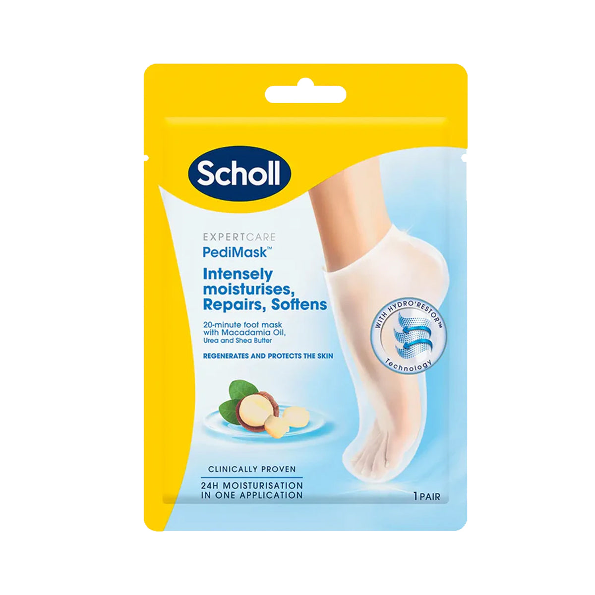 มาส์กเท้า สำหรับเท้าแห้ง สูตร แมคคาเดเมีย ออยล์ Scholl Nourish Pedimask Macadamia Oil - Scholl Shoes Thailand