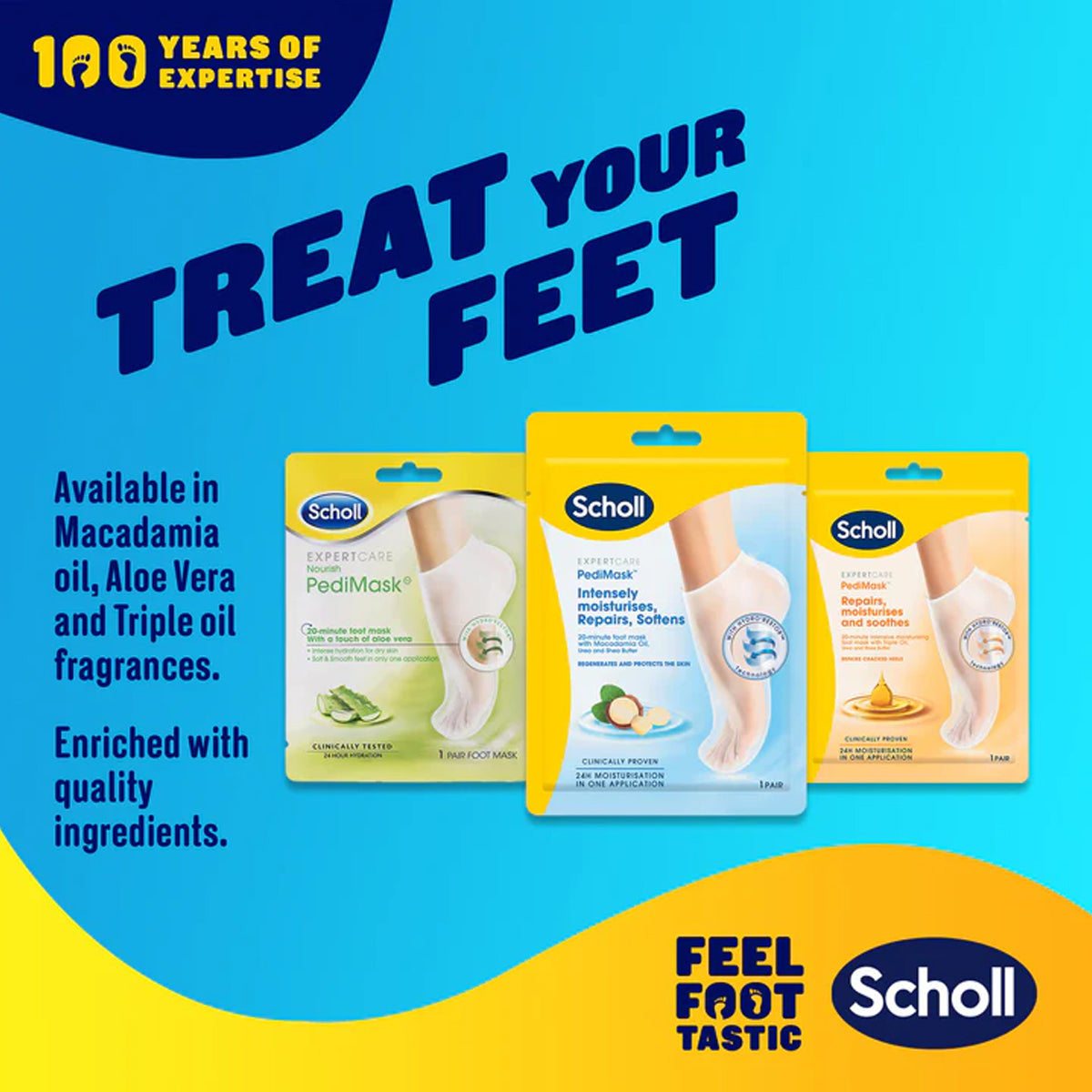 มาส์กเท้า สำหรับเท้าแห้ง สูตร แมคคาเดเมีย ออยล์ Scholl Nourish Pedimask Macadamia Oil